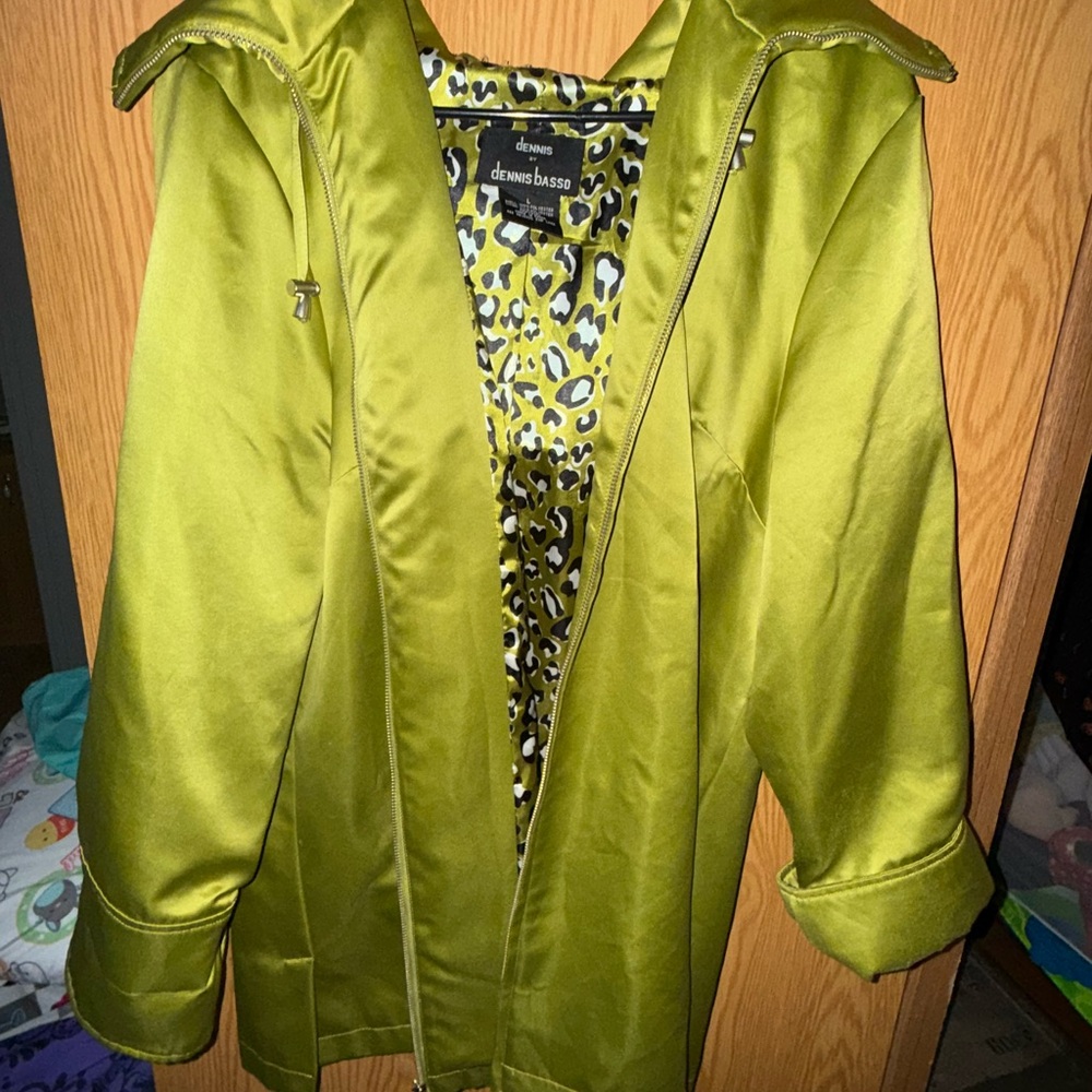 Dennis Basso Olive Trench Coat with Animal Print Lining